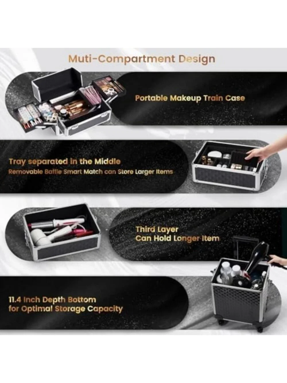 Large Rolling Makeup Case on Wheels - 4-in-1 Cosmetic Organizer & Travel Cart